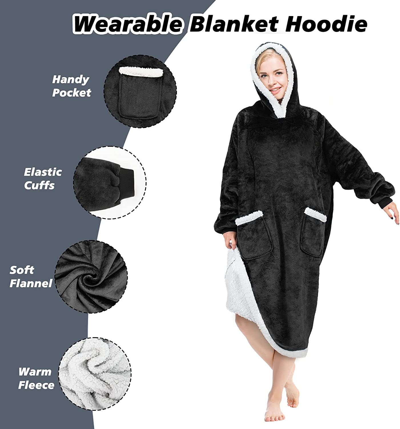 DUCHIFAD WearableBlanketHoodieOversized For Women Men 47.2in120cm Flannel FleecePolyester
