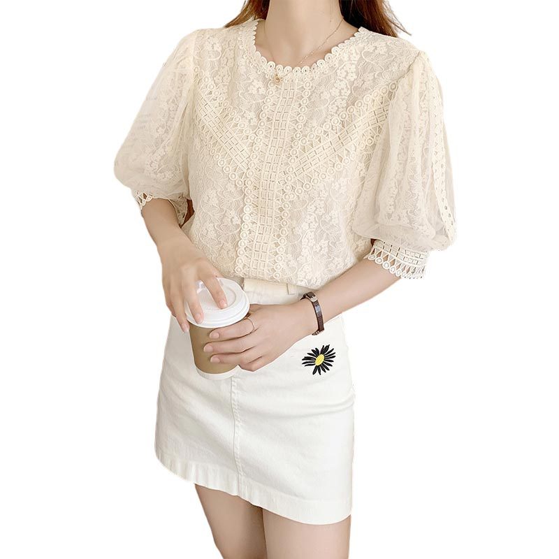 French Hollowed-out Lace Top In Pure Color With Short Sleeves