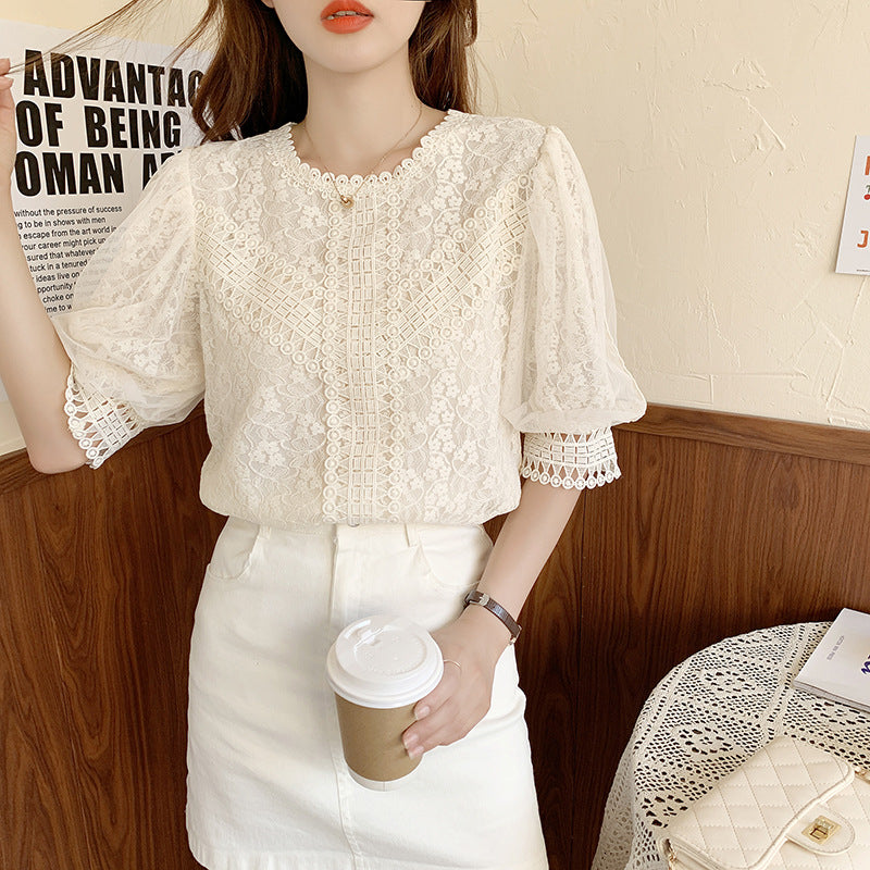 French Hollowed-out Lace Top In Pure Color With Short Sleeves