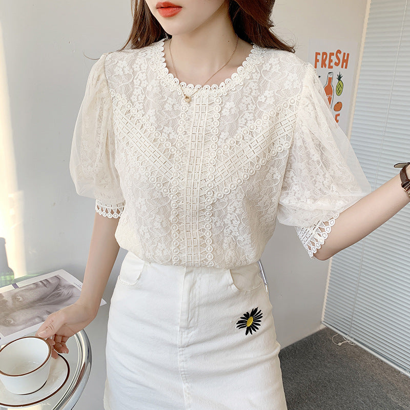 French Hollowed-out Lace Top In Pure Color With Short Sleeves