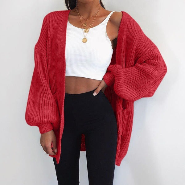 Solid color loose European and American sweater mid-length cardigan