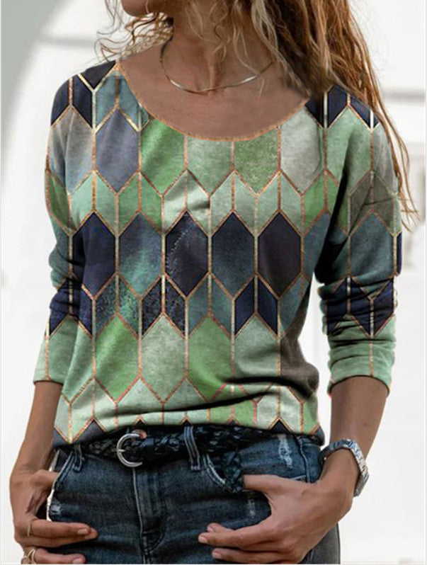 Long sleeve retro geometric print casual top T-shirt