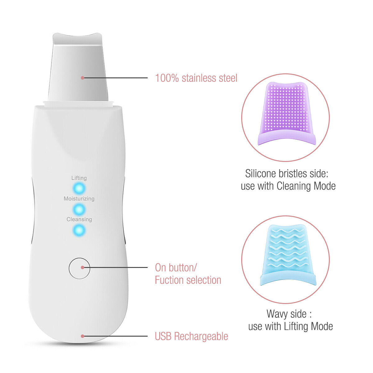 Ultrasonic Skin Scrubber Deep Face Cleaning Machine Peeling Shovel Facial Pore Cleaner Face Skin Scrubber Lift Beauty Instrument Ultrasonic Facial Scrubber Pore Blackhead Remover Spatula Deep Skin Spa